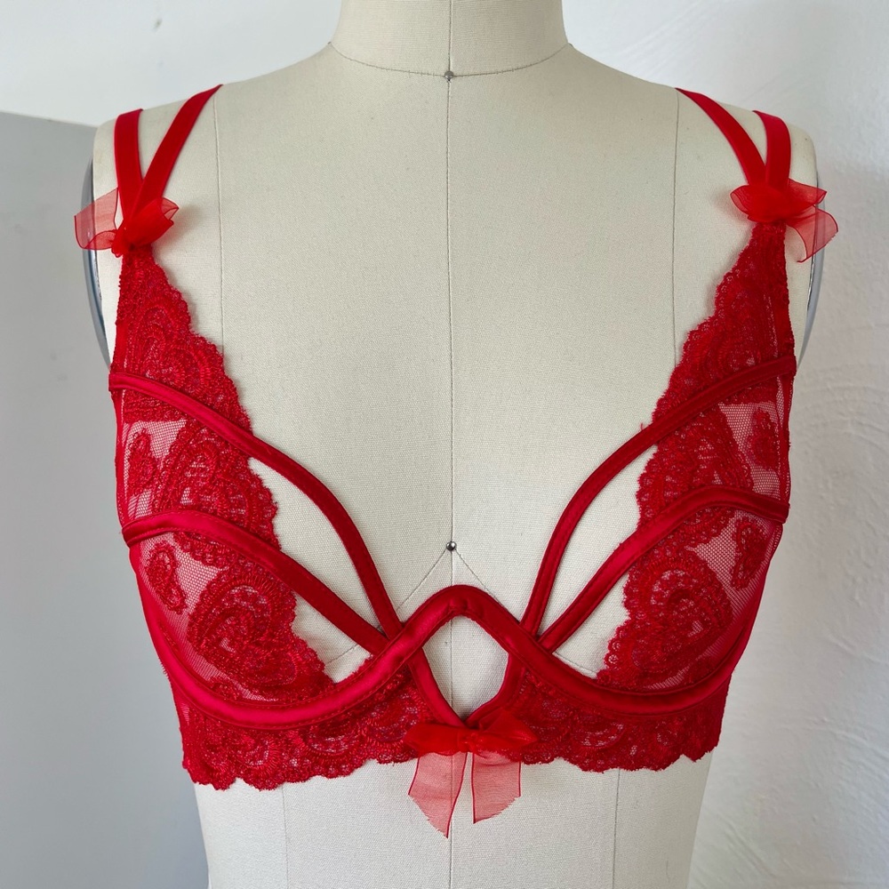 For Love and Lemons XS Sheer Red Heart Lace Valentines Balconnett Bra